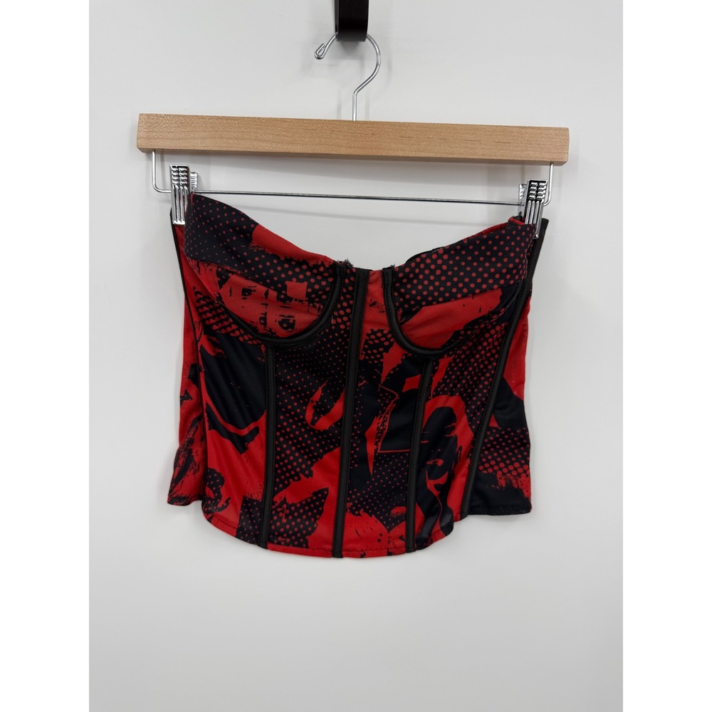 Edikted Aly Mesh Corset Top Women Large Red Black Graphic‎ Print Strapless Edgy
